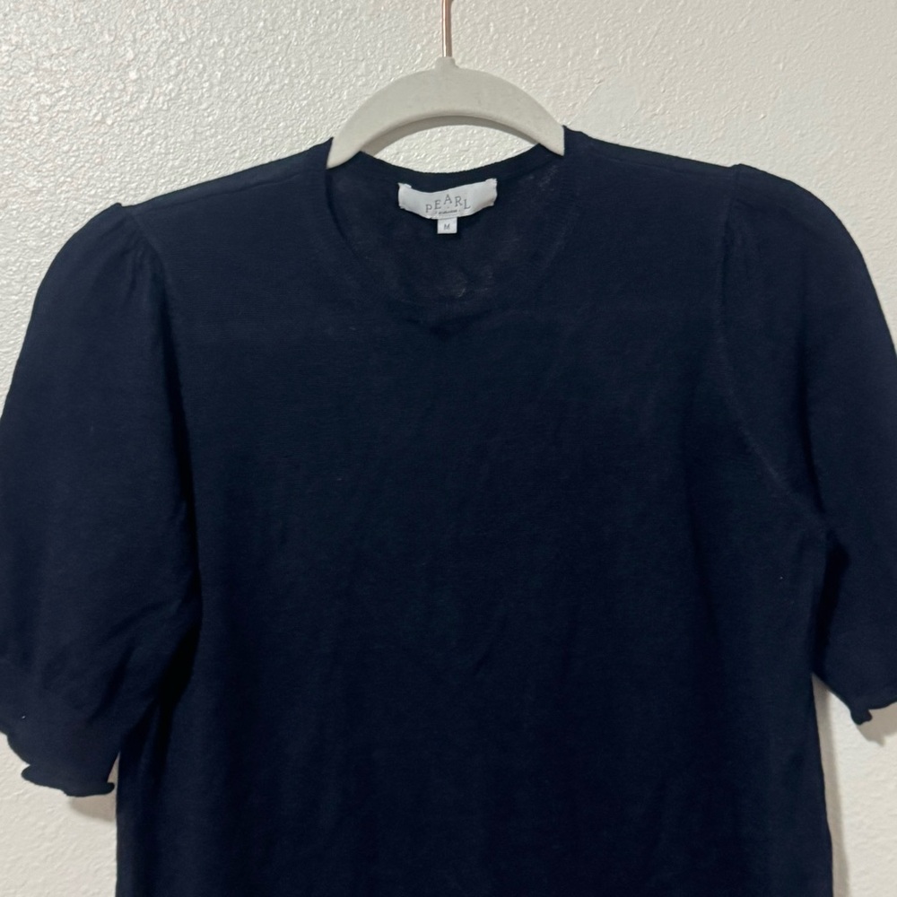 Pearl By Lela Rose Merino Wool Navy Blue Sweater Top Short Sleeve Puff Sleeve M - Picture 2 of 9